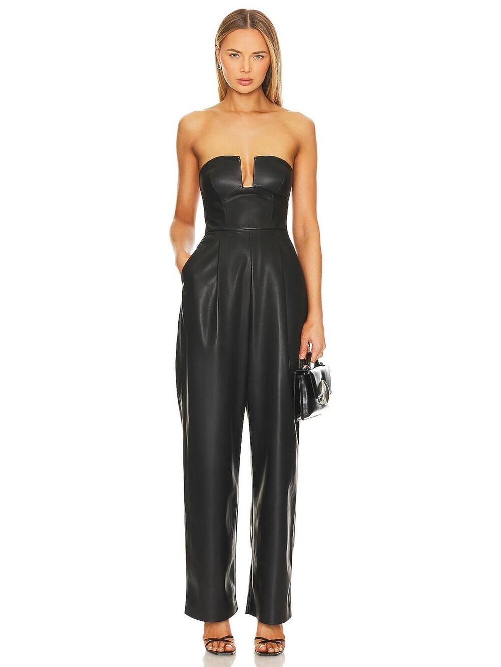 Susana Monaco Faux Leather Jumpsuit in Black